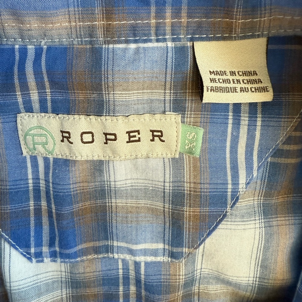 Roper XS Long Sleeve Button Down Western Shirt Blue White and Tan Plaid, Snaps - Picture 7 of 8